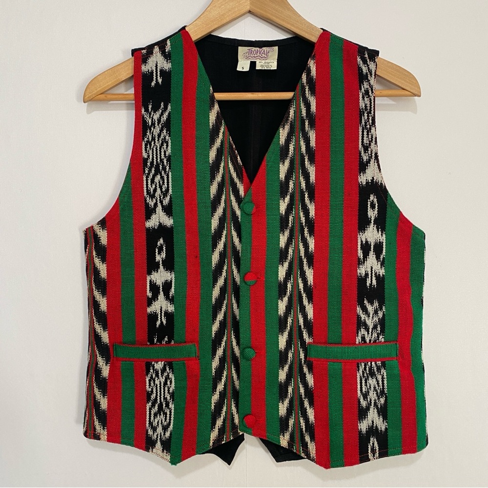 Vintage‎ Tropical Handwoven Vest Boho Southwestern Tribal Cotton Small